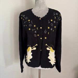 Bechamel Women’s Embroidered Christmas Cardigan Sweater Size L Angels, Holidays